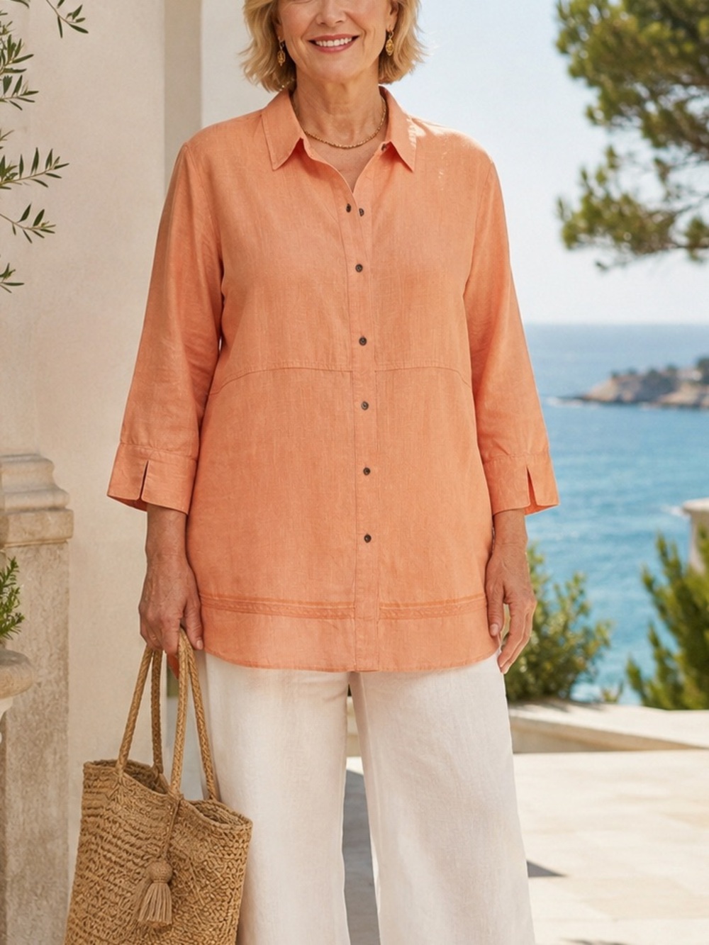 Chico’s 100% Linen Longline Button Down Tunic Shirt Coral 3/4 Sleeve Coastal